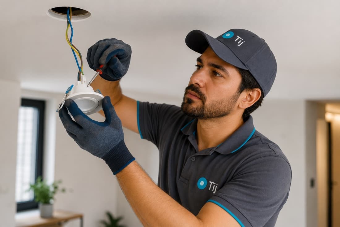 Electrician fixing light fixture